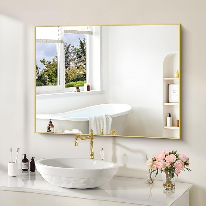 30x40In Gold Bathroom Mirror for Wall, Brushed Gold Rectangle Mirrors with Metal Frame, Bathroom Rectangular Mirror Modern Wall Mirror for Bedroom Living Room, Hangs Horizontal or Vertical-CasaMuseHome