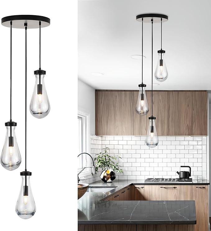 3-Light Raindrop Pendant Light Fixtures, Black Glass Pendant Lighting, Teardrops Modern Hanging Light for Entryway Foyer Kitchen Island Dining Living Room Hallway-CasaMuseHome