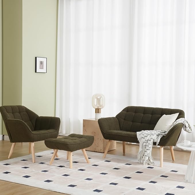 48”Small Loveseat Sofa, Modern Sherpa Upholstered Mini Couch 2-Seater Fluffy Love Seat with Quilting Backs and Wood Legs for Small Space, Living Room, Bedroom, Green-CasaMuseHome