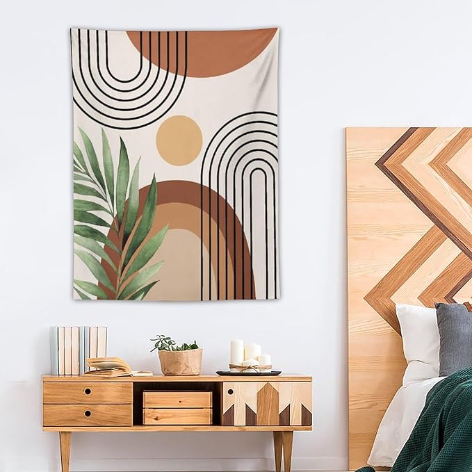 Abstract Bohemian Mid Century Tapestry, Tropical Leaves Modern Geometric Archway Minimalist Bohemian Botanical Aesthetic Wall Hanging, Sage Green Gold Home Decor Art for Bedroom 60x80 Inch-CasaMuseHome