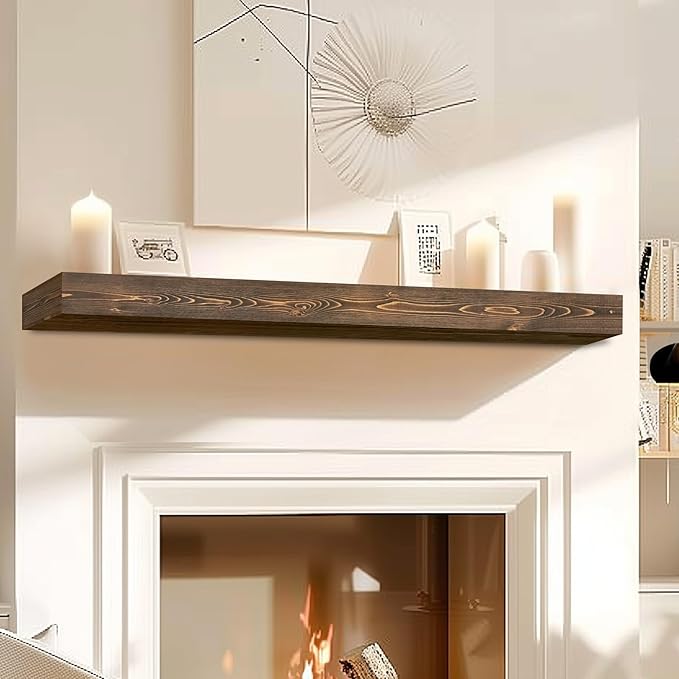 60x8x3 Fireplace Mantel - Handcrafted Hollow Rustic Solid Wood Wall Mounted Floating Shelf with Invisible Heavy Duty Wood Bracket (Weathered Brown)-CasaMuseHome