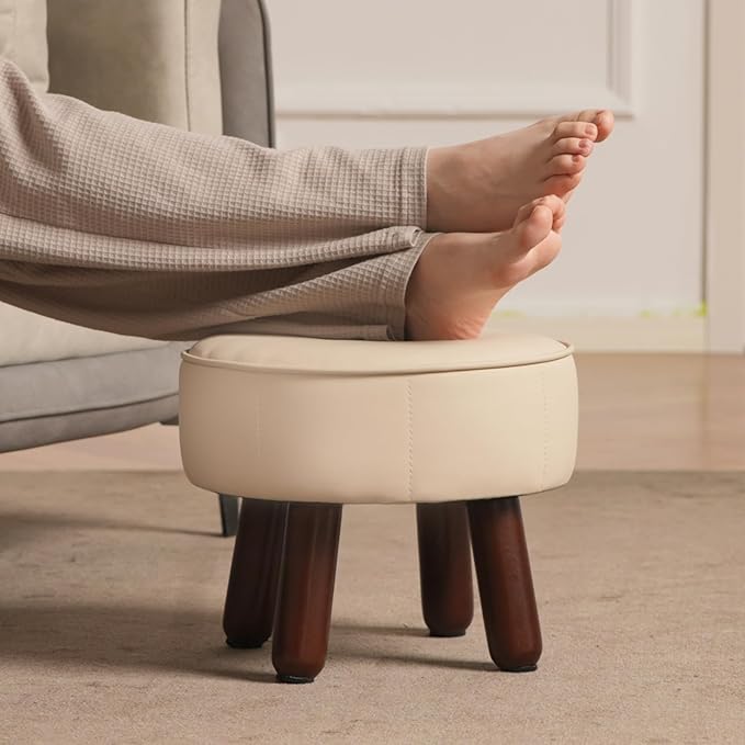 13in Small Foot Stool Ottoman, Round Faux Leather Foot Rest for Couch, Under Desk Pouf Footstool Footrest with Non-Skid Rubber Legs for Ling Room, Bedroom, 13''L x 13''W x 10.2''H, Beige-CasaMuseHome