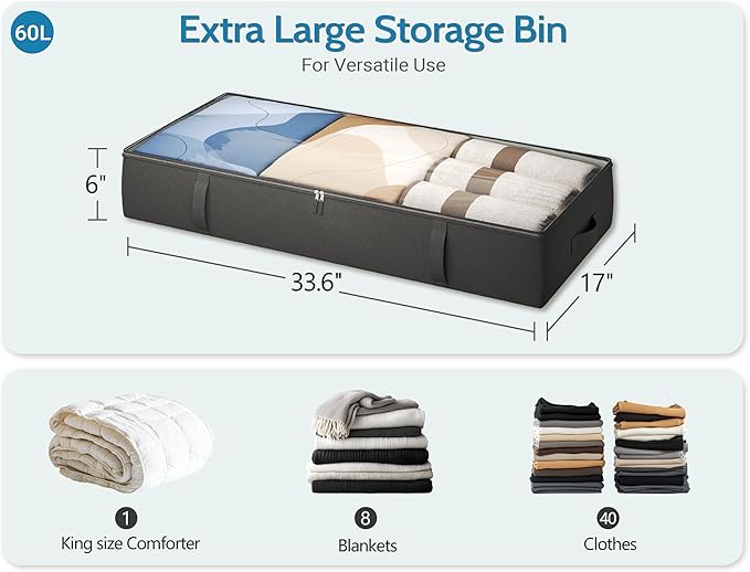 2-Pack Under Bed Storage, 6 Inches Tall Closet Organizers and Storage Bins with Sturdy Sidewalls/Bottom/4 Handles, Black-CasaMuseHome