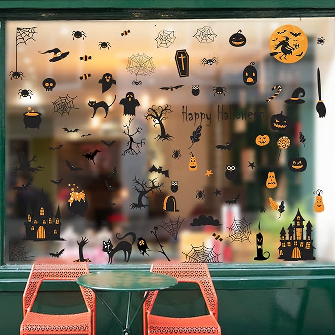84 PCS Window Clings - Halloween Wall Stickers for Living Room, Pumpkins, Castles, Bats, Cats, Vampire, Witch Stickers, Household Decorative Murals, Party Supplies-CasaMuseHome