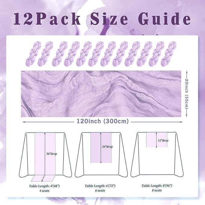 12 Pack Lilac Cheesecloth Table Runner 10FT Rustic Gauze Cheese Cloth Table Runner for Wedding 20 x 120 Inch Long Bridal Baby Shower Table Decor Boho Fabric Sheer Birthday Party Table Decorations-CasaMuseHome