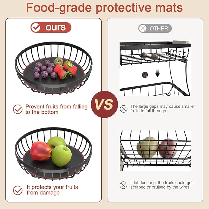 2 Tier Fruit Basket for Kitchen Counter with 2 Banana Hangers, 2025 Pro Detachable Metal Fruit Bowl with Wooden Handle,Fruit Holder for Bread Snack Veggies, Black Extra Large-CasaMuseHome