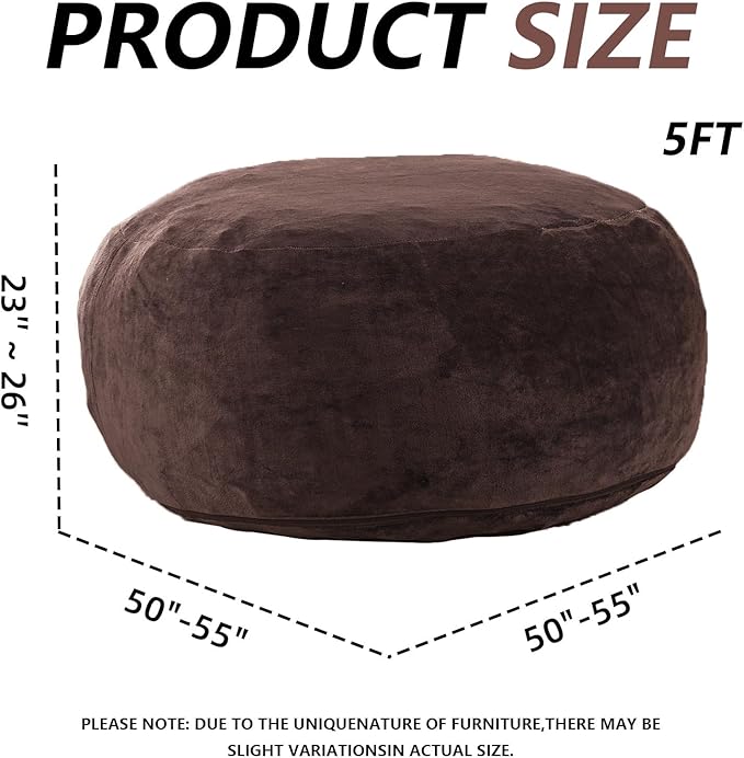 5FT，Big Bean Bag Chairs for Adults，Large beanbag with Filler Included，Memory Foam Material，Easy to Clean and Washable Corduroy Fabric，Suitable for Living Room and Bedroom (Brown, 5 Foot)-CasaMuseHome