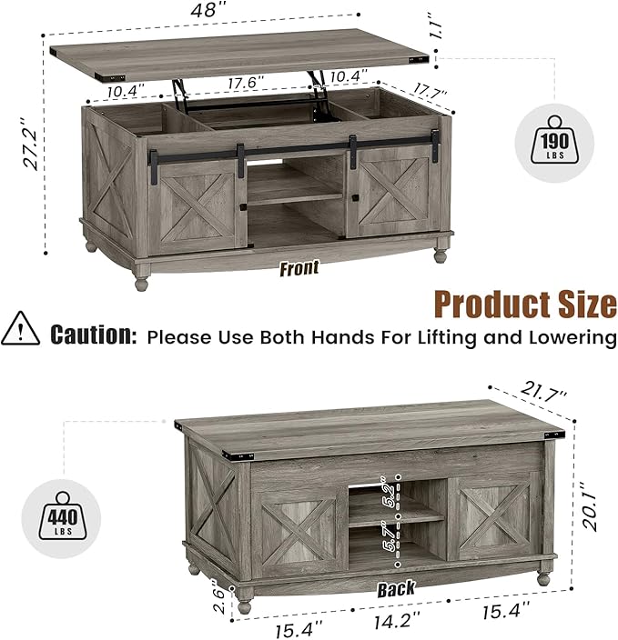 48" Farmhouse Lift Top Coffee Table with Storage Sliding Barn Door & Large Hidden Compartment, Coffee Table with Lifting Top with Wooden Lift Tabletop, Coffee Tables for Living Room, Grey-CasaMuseHome