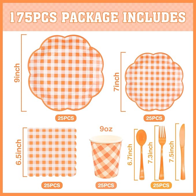 175 Pcs Orange and White Gingham Party Supplies - Orange Gingham Paper Plates and Napkins Sets Serve 25 - Scalloped Checkered Plates for Birthday Picnic Fall Halloween Thanksgivng Party Decorations-CasaMuseHome