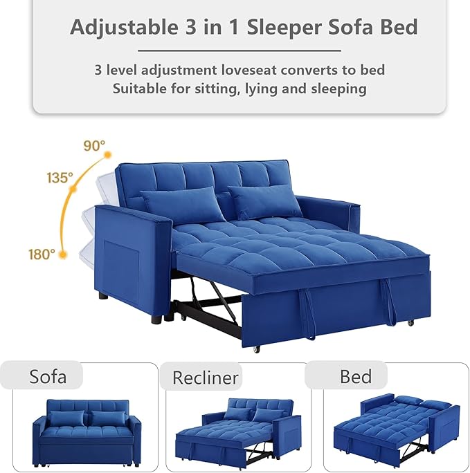 3 in 1 Convertible Sleeper Sofa Bed,Futon Loveseat Couch with Pull-Out Bed & Adjustable Backrest,Velvet Fabric Sofa with Side Pocket for Small Apartment, Living Room, Office (Blue)-CasaMuseHome