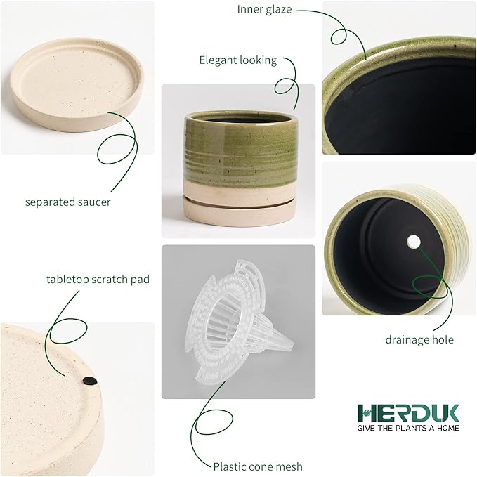 6 Inch Plant Pots, Ceramic Planter Pot with Drainage Hole & Saucer, Indoor/Outdoor Cylinder Round Planter Pot, Green & Beige-CasaMuseHome
