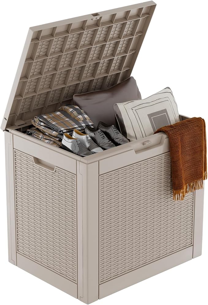 36 Gallon Outdoor Deck Box,Storage Lockable Waterproof Patio Furniture,Garden Tools,Cushions,Pool Accessories Outside Storage Resin Box(Grey Pattern)-CasaMuseHome