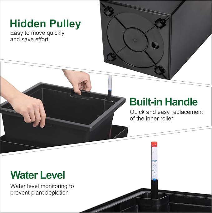 30" Tall Planters Set of 2, Outdoor＆Indoor Black Planter Pots, High Front Porch Planter Pots with Drainage Holes＆Water Level Monitor Movable Wheels ＆Inner Bucket, Automatic Watering,Black-CasaMuseHome