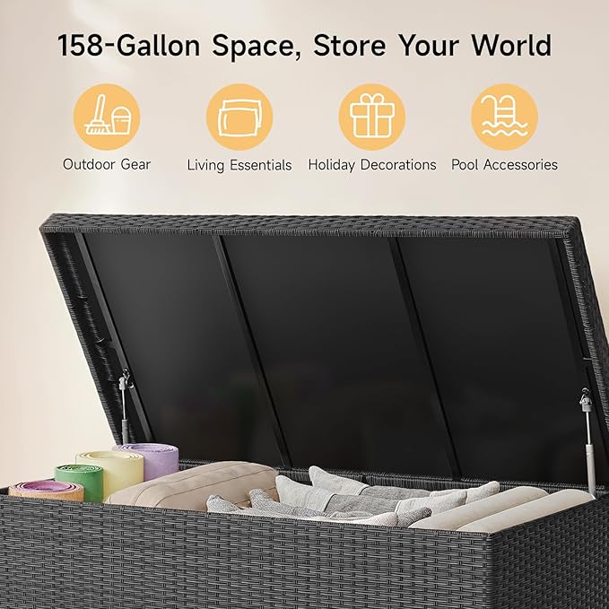 158 Gallon XL Deck Box with Lid, All Weather Wicker Outdoor Storage Box Waterproof, Large Outdoor Patio Storage Bin for Cushions, Garden Tools, Gears, Pool Accessories, Black-CasaMuseHome