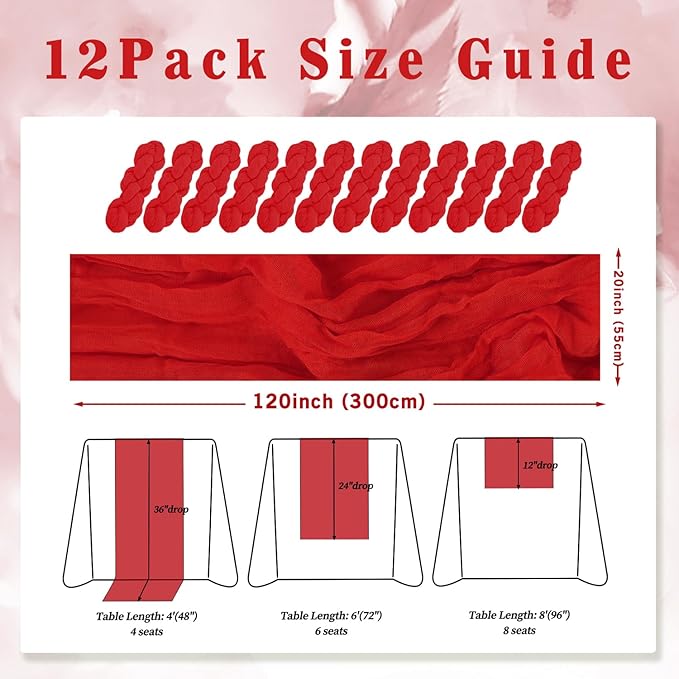 12 Pack Red 10FT Cheesecloth Table Runner Rustic Gauze Fabric Cheese Cloth Table Runner for Wedding Bridal Baby Shower Table Decor Boho Sheer Birthday Party Table Decorations 20 x 120 Inch Long-CasaMuseHome