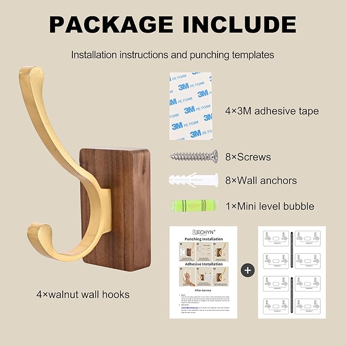 4 Pack Wooden Wall Hooks for Hanging, Adhesive Mounted & Wall Mount Nature Wood Coat Hook for Towel Clothes Blanket Hat Backpack Robe Nursery Door Board Entryway Key Holder Brushed Gold-CasaMuseHome