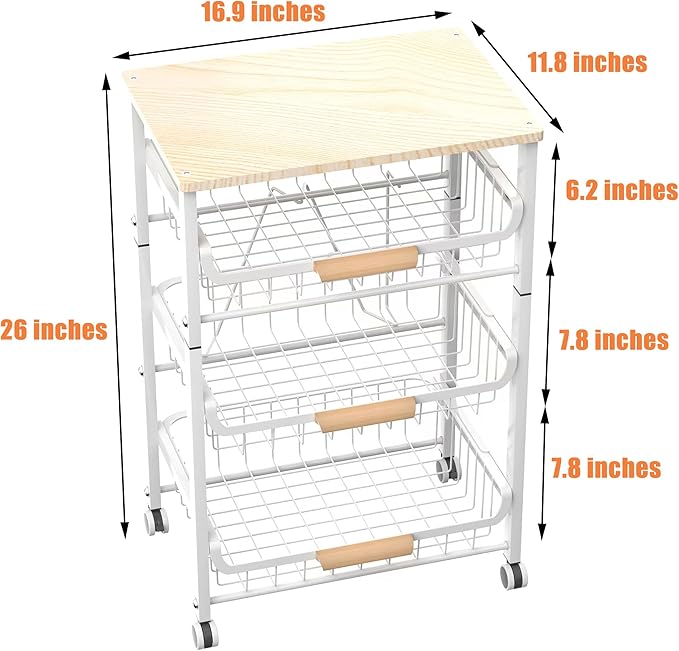 4-Layer Fruit Basket Kitchen Food Storage Organizer and Storage Rack, Stackable Storage cart with Desktop, Pull-Out Hollow Metal Storage Basket, liding Out Storage,White-CasaMuseHome