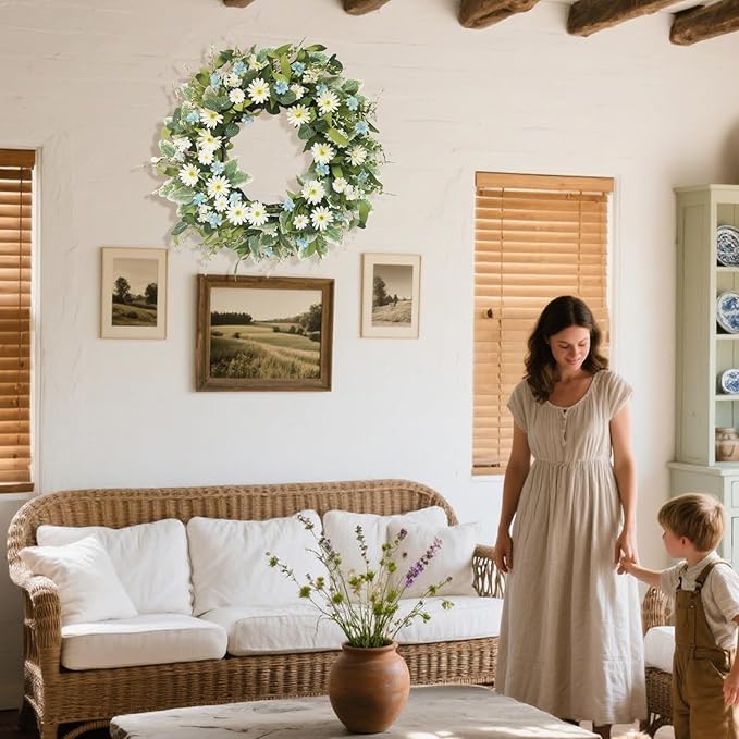 24 Inch Wreaths for Front Door, Large Spring Summer Artifiical Wreath with Blue White Daisy Flower, All Season Floral Wreaths for Porch Window Wall Decor Outside Indoor Outdoor Decorations-CasaMuseHome