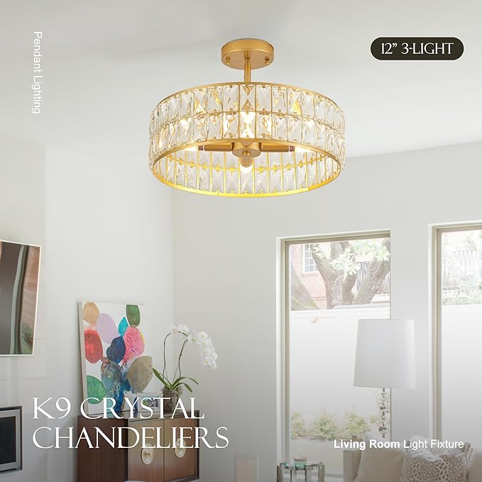 16” 4-Light Modern Crystal Chandeliers Gold Dinning Room Light Fixture, Round Pendant Light Kitchen Island Chandelier, Flush Mount Ceiling Light for Living Room Entryway Bedroom Foyer-CasaMuseHome