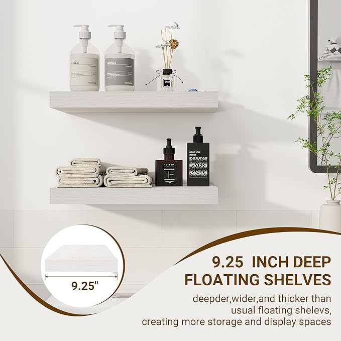 16 Inch Floating Shelves, 16"x9.25"x1.5" Inch Deep Floating Shelves for Wall, Wooden Shelves for Bathroom, Bedroom, Living Room, Cream White Oak-CasaMuseHome