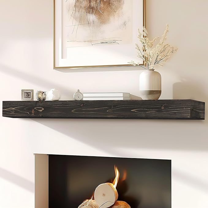 60x8x3 Fireplace Mantel - Handcrafted Hollow Rustic Solid Wood Wall Mounted Floating Shelf with Invisible Heavy Duty Wood Bracket (Weathered Black)-CasaMuseHome