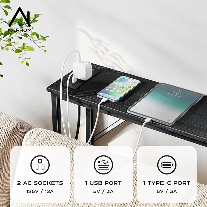 47.2'' Console Table, Skinny Entryway Table with Fast-Charging Station, Narrow Long Sofa Table, Behind Slim Couch Table for Entrance, Hallway, Living Room Decor ST-BK120-1-CasaMuseHome