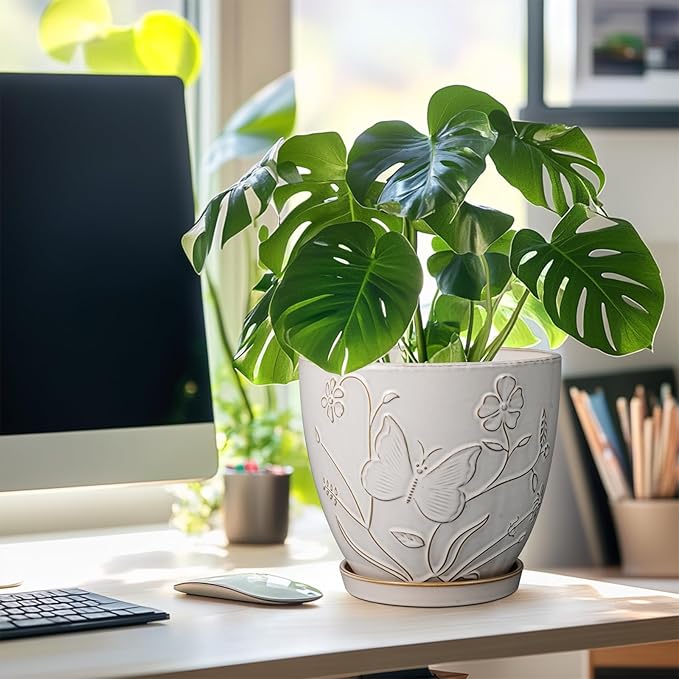 8 Inch Ceramic Pots for Plants Large Planter Pot with Drainage Hole and Saucer Round Flower Pot for Indoor Outdoor Decor, White-CasaMuseHome