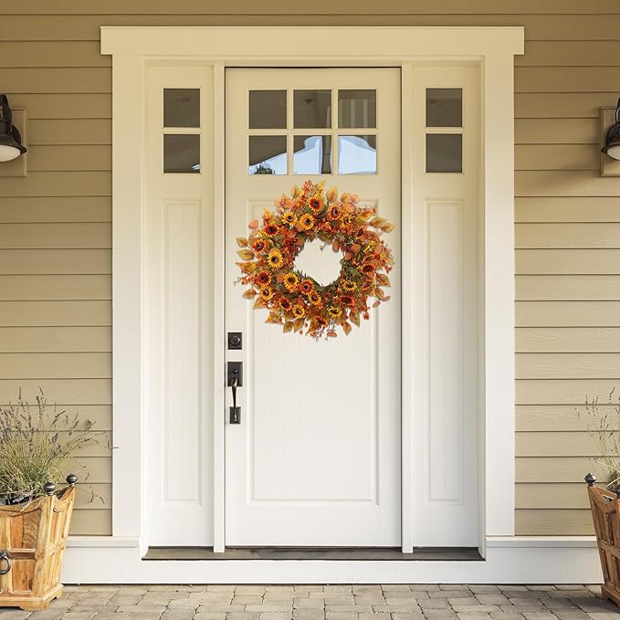22 inch Artificial Fall Wreaths for Front Door,Autumn Wreath with Eucalyptus Leaves and Chrysanthemum Suitable for Indoor Outdoor Harvest Festival Thanksgiving Day Farmhouse Holiday Decor.-CasaMuseHome