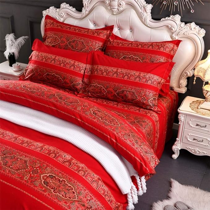 ABREEZE Queen Duvet Covers, Bohemian Retro Bedding Set, Coloful Mandala Down Comforter Cover, Boho Floral Style Quilt Cover, 100% Brushed Cotton, 1 Duvet Cover and 2 Pillow Shams,Red-CasaMuseHome