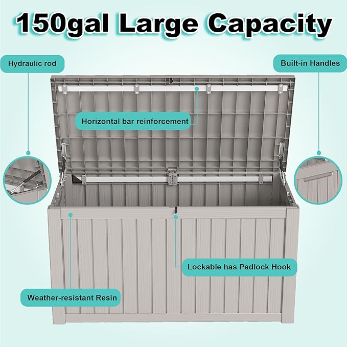 150Gal Outdoor Deck Box Waterproof, Lager Patio Storage Box Indoor and Outdoor Use, Lockable Resin Storage Bin for Patio Furniture Cushions Garden Tools, Package Delivery,UV Resistant-Grey-CasaMuseHome