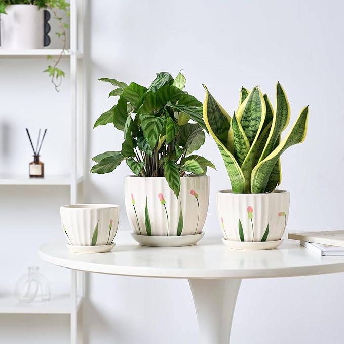 4/5/6 Inches Ceramic Plant Pots with Drainage Holes and Saucers, Round Flower Pots for Indoor Plant, Small Flower Planters Set of 3 (White Floral-Big Size)-CasaMuseHome