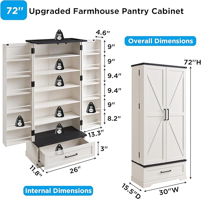 72" Farmhouse Kitchen Pantry Cabinet with Drawer, Tall Storage Cabinet with 2 Barn Doors and Shelves, Versatile Large Rustic Cupboard for Dining Room, Bathroom, Living Room, Laudry, White-CasaMuseHome