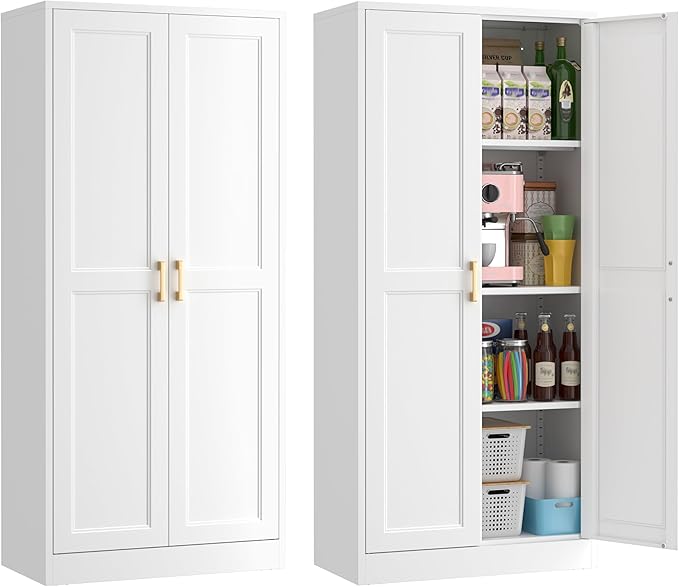 60" Tall Metal Pantry Cabinet, White Kitchen Pantry Storage Cabinet with 3 Adjustable Shelves and Gold Handles, Cupboard for Kitchen, Dining Room, Living Room, Bathroom-CasaMuseHome