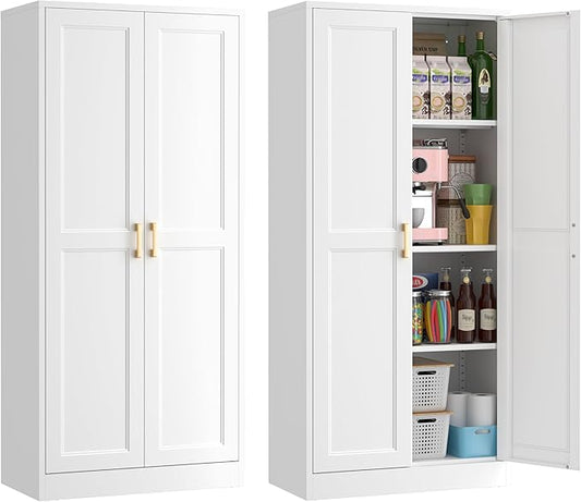 60" Tall Metal Pantry Cabinet, White Kitchen Pantry Storage Cabinet with 3 Adjustable Shelves and Gold Handles, Cupboard for Kitchen, Dining Room, Living Room, Bathroom-CasaMuseHome