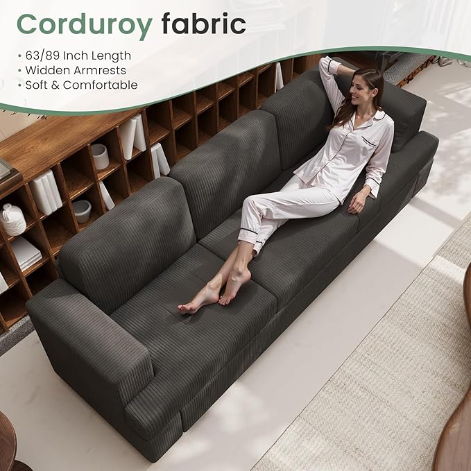 3 Pieces Corduroy Couch Set for Living Room, 8 Seats Cloud Sofa, Deep Seat Floor Couch for Bedroom, Futon Modern Sofa Sectional Bed, Black Corduroy-CasaMuseHome