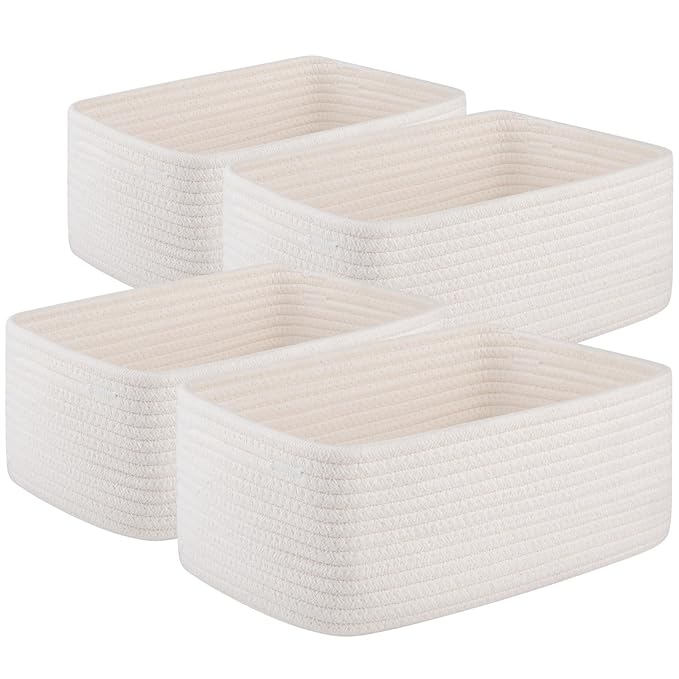 4 Pack Small Storage Shelf Baskets for Organizing, Mini Woven Rope Storage Bins for Towels, Cute Decorative Closet Organizer，Baby Nursery, Gift Empty Baskets -13''Lx8.66''Wx5.11''H-White-CasaMuseHome