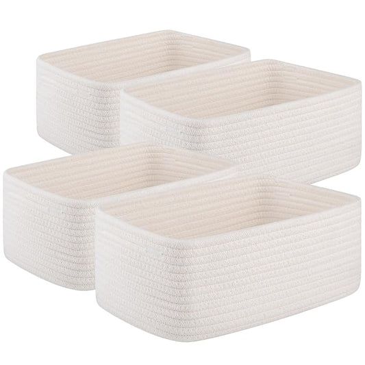 4 Pack Small Storage Shelf Baskets for Organizing, Mini Woven Rope Storage Bins for Towels, Cute Decorative Closet Organizer，Baby Nursery, Gift Empty Baskets -11.81''Lx7.87''Wx4.72''H-White-CasaMuseHome