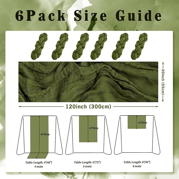 6 Pack Olive Green 10FT Cheesecloth Table Runner Rustic Gauze Cheese Cloth Table Runner for Wedding Bridal Baby Shower Table Decorations Boho Fabric Sheer Birthday Party Decor 20 x 120 Inch Long-CasaMuseHome