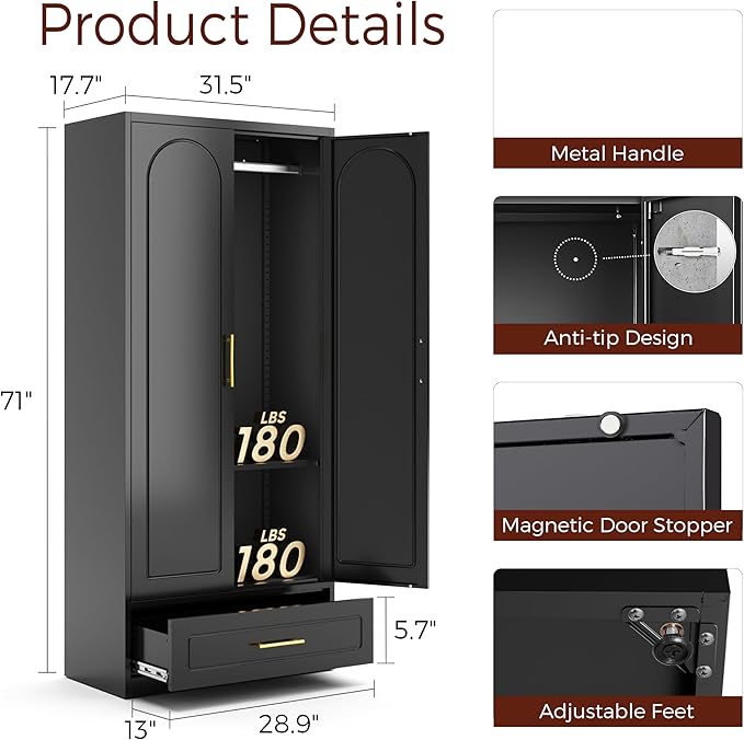 71" Metal Armoire Wardrobe Closet with 2 Doors and Drawer, Tall Wardrobe Cabinet with Hanging Rod and Adjustable Shelves, Black Clothing Storage Cabinets for Bedroom, Home Office-CasaMuseHome
