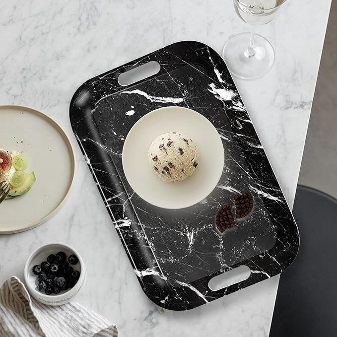 Serving Trays with Handles, 14.5 x 9.8 inch Rectangular Plastic Tray for Restaurant, Kitchen, Black Marble-CasaMuseHome