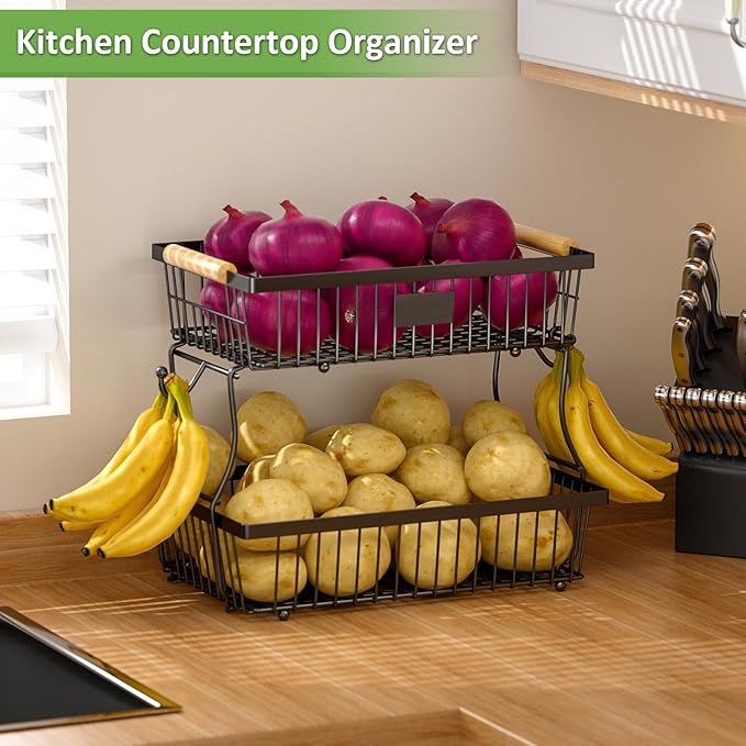 2 Tier Fruit Basket for Kitchen Counter with 2 Banana Hangers, Countertop Metal Fruit Bowl with Wooden Handle, Large Storage Stand for Vegetables, Snacks, Breads, Produce Storage – Black-CasaMuseHome
