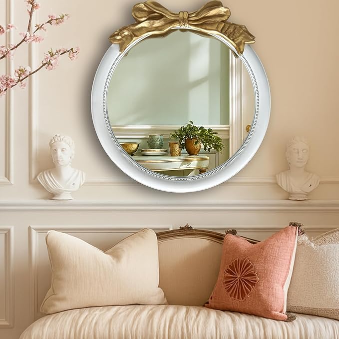 26x26 inch Bow Antique Mirrors for Wall, Round White and Gold Decorative Wall Mounted Mirror, Circle Antique Mirrors Suitable for Bedroom, Hallway, Living Room Decoration, Bathroom Sink-CasaMuseHome