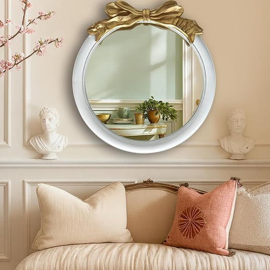 26x26 inch Bow Antique Mirrors for Wall, Round White and Gold Decorative Wall Mounted Mirror, Circle Antique Mirrors Suitable for Bedroom, Hallway, Living Room Decoration, Bathroom Sink-CasaMuseHome