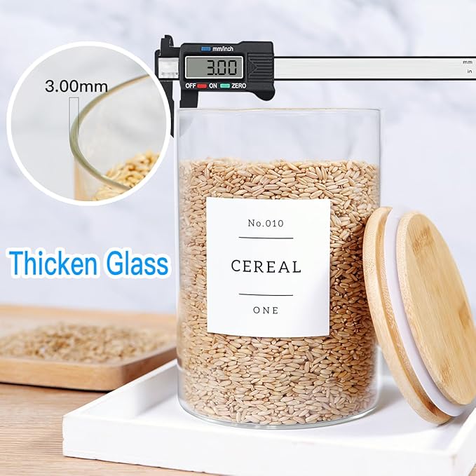 3 Pcs Glass Canisters with Airtight Bamboo Lids and 42 Kitchen Pantry Labels Preprinted - Clear Glass Flour and Sugar Storage Container Set - Large Glass Jars with Wood Lids(100 OZ/54 OZ/27 OZ)-CasaMuseHome