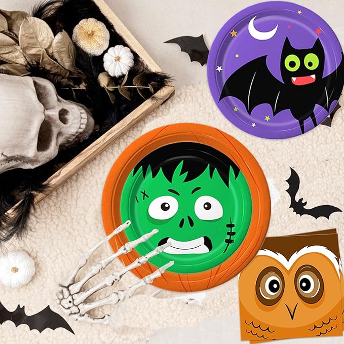 105PCS Halloween Paper Plates Ghosts Pumpkin Skull Spider Web Design for Halloween Party Decorations Supplies, Serves 30-CasaMuseHome