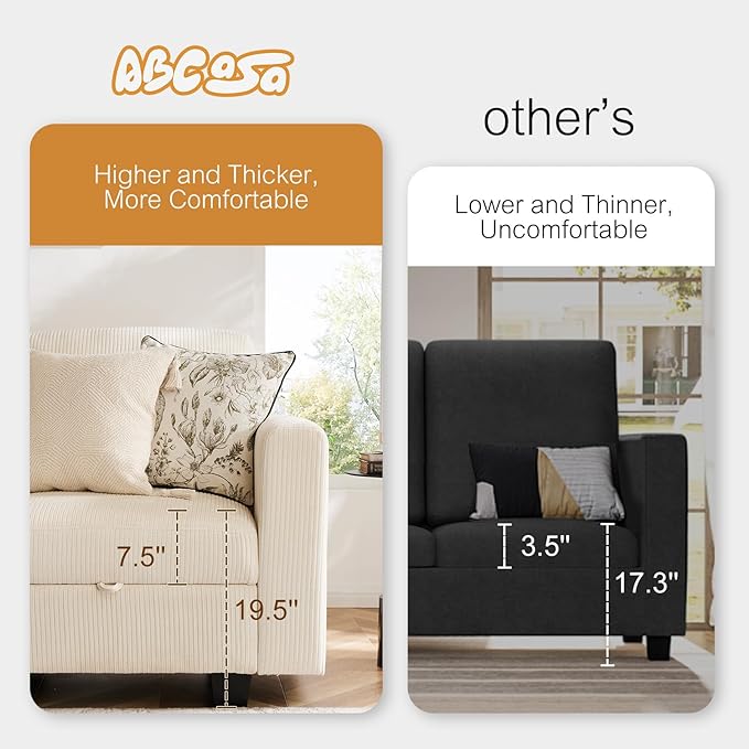 38.5 Oversized Accent Chair with Storage Ivory Corduroy, Single Modern Accent Sofa Chair with Arms for Apartment Living Room (21" Deep Seat)-CasaMuseHome