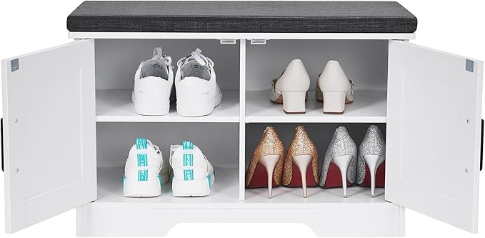 2-Tier Storage Bench, Shoe Bench with Padded Seat Cushion, Entryway Bench with 2 Barn Doors, Adjustable Shelf, 13.8" D x 27.6" W x 17.7" H, for Entryway, Living Room, Bedroom, White-CasaMuseHome