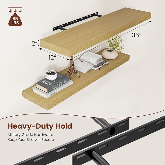 12 Inch Deep Floating Shelves 36 inch Long, 36 x 12 Wide Wall Shelves with Invisible Brackets, Heavy Duty Shelf for Bedroom Bathroom Living Room Kitchen Office Home Decor, Modern Shelf Set of 2, Oak-CasaMuseHome
