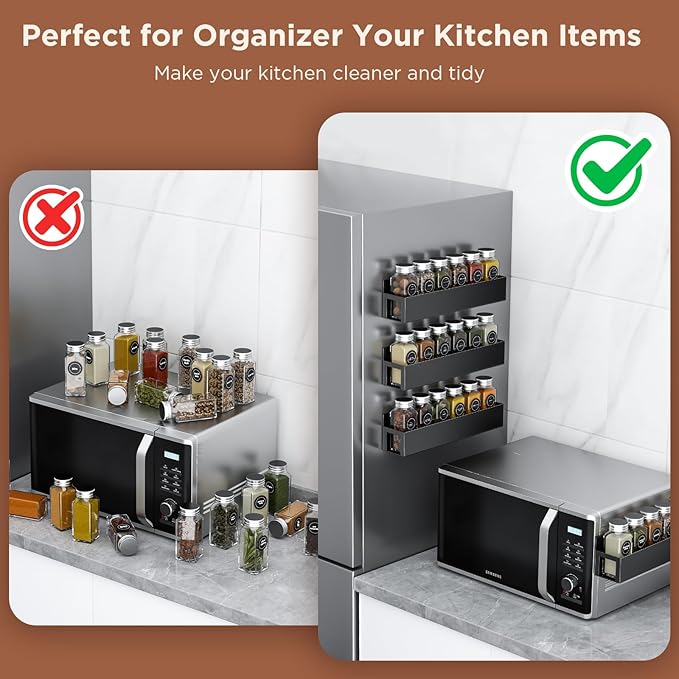 2 Pack Magnetic Spice Rack with 12 Spice Jars, Spice Labels, Magnetic Spice Organizer Shelf for Refrigerator, Microwave, Seasoning Organizer for Kitchen, Spice Jars with Label and Organizer Rack-CasaMuseHome