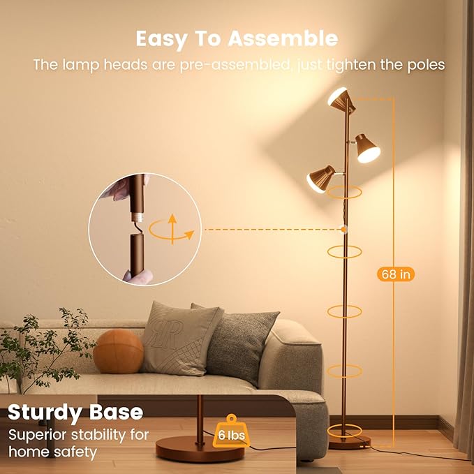 36W LED Tree Floor Lamp, Dimmable Tall Standing Lamp with Remote & Touch Control, 4 Color Temperatures Bright Floor Lamp, 3 Rotatable Light Modern Floor Lamps (Brown)-CasaMuseHome